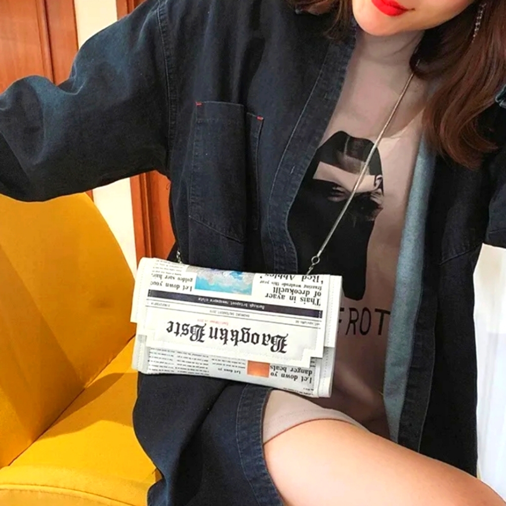 Newspaper Print Flap Crossbody Purse, Clutch, Snap Added Gold Chain New! 8" X 5" - Picture 9 of 17